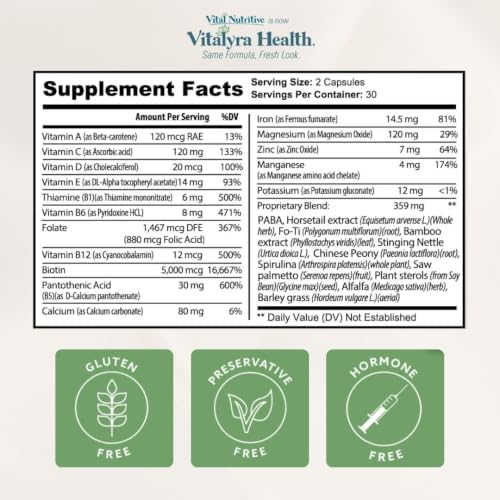 VITAL NUTRITIVE Vital Hair Complex – Biotin & Vitamin B Hair Vitamins for Women & Men – Supports Healthy Hair, Skin & Nails – Hormone-Free, Gluten-Free – Hair Supplement for Women & Men
