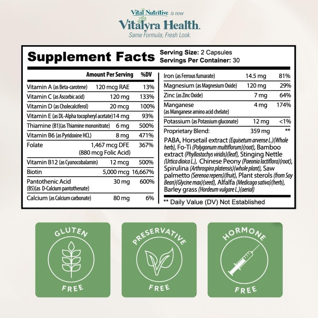 VITAL NUTRITIVE Vital Hair Complex – Biotin & Vitamin B Hair Vitamins for Women & Men – Supports Healthy Hair, Skin & Nails – Hormone-Free, Gluten-Free – Hair Supplement for Women & Men