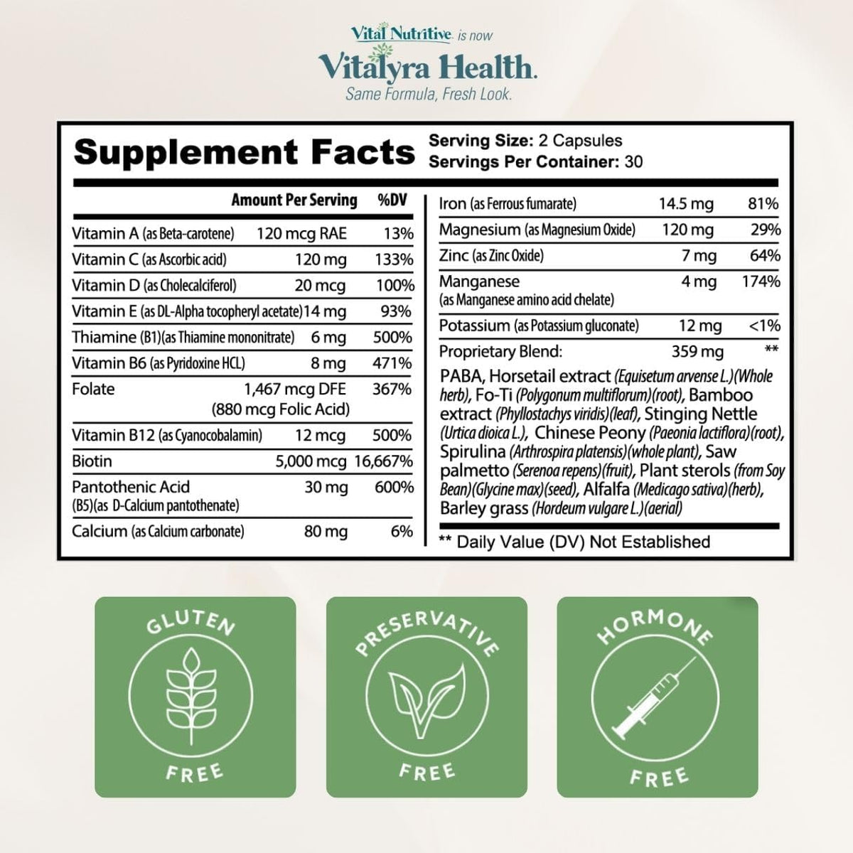 VITAL NUTRITIVE Vital Hair Complex – Biotin & Vitamin B Hair Vitamins for Women & Men – Supports Healthy Hair, Skin & Nails – Hormone-Free, Gluten-Free – Hair Supplement for Women & Men