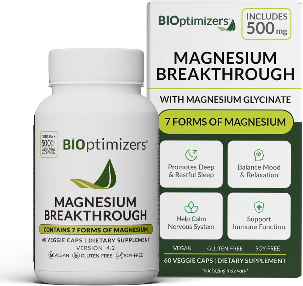 BIOoptimizers Magnesium Breakthrough dietary supplement bottle and packaging box, featuring white and green color scheme with black text.