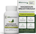 BIOoptimizers Magnesium Breakthrough dietary supplement bottle and packaging box, featuring white and green color scheme with black text.