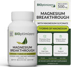 BIOoptimizers Magnesium Breakthrough dietary supplement bottle and packaging box, featuring white and green color scheme with black text.