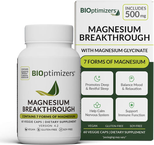 BIOoptimizers Magnesium Breakthrough dietary supplement bottle and packaging box, featuring white and green color scheme with black text.